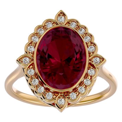 1 3/4 Carat Oval Shape Ruby and Halo Diamond Ring In 14 Karat Yellow Gold