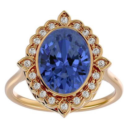 1 1/2 Carat Oval Shape Tanzanite and Halo Diamond Ring In 14 Karat Yellow Gold