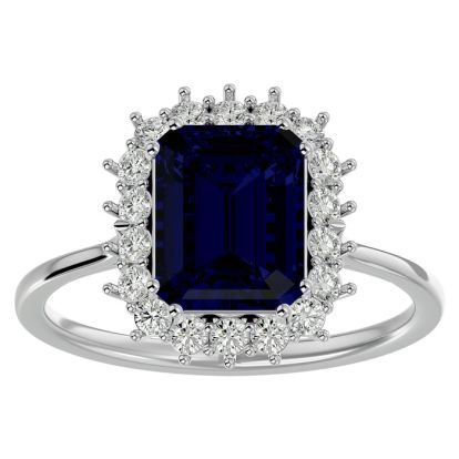 3 1/5 Carat Sapphire and Halo Diamond Ring In 14K White Gold