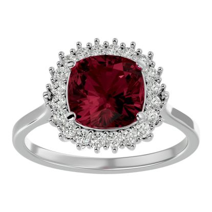 Garnet Ring: Garnet Jewelry: 3 1/2 Carat Cushion Cut Garnet and Halo Diamond Ring In 14K White Gold