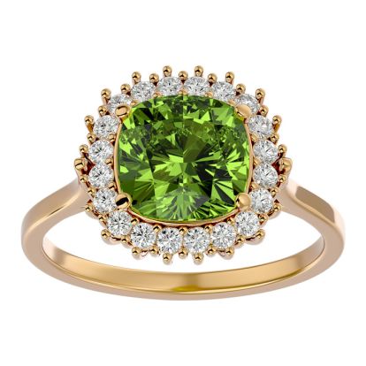 3 Carat Cushion Cut Peridot and Halo Diamond Ring In 14K Yellow Gold