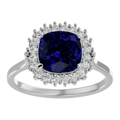 3 1/2 Carat Cushion Cut Sapphire and Halo Diamond Ring In 14K White Gold
