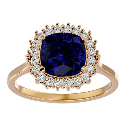 3 1/2 Carat Cushion Cut Sapphire and Halo Diamond Ring In 14K Yellow Gold