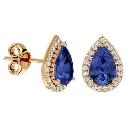2 3/4 Carat Tanzanite and Diamond Pear Shape Stud Earrings In 14 Karat Yellow Gold 