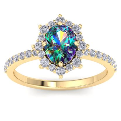 2 Carat Oval Shape Mystic Topaz Ring With Diamond Halo In 14 Karat Yellow Gold