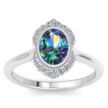 1-3/4 Carat Oval Shape Mystic Topaz Ring and Diamond Halo In 14 Karat White Gold