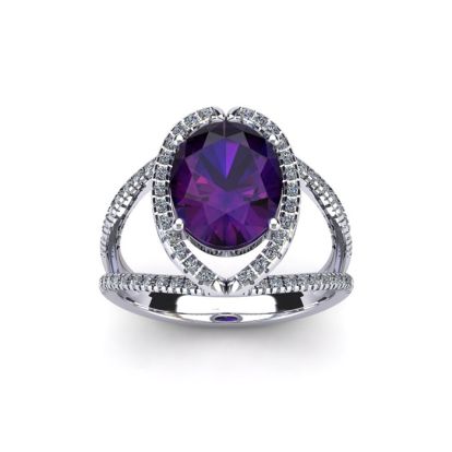 1 1/2 Carat Oval Shape Amethyst and Halo Diamond Ring In 14 Karat White Gold