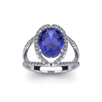 1 3/4 Carat Oval Shape Tanzanite and Halo Diamond Ring In 14 Karat White Gold
