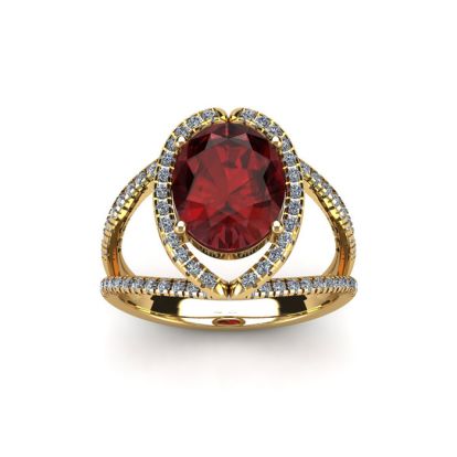 Garnet Ring: Garnet Jewelry: 2 Carat Oval Shape Garnet and Halo Diamond Ring In 14 Karat Yellow Gold
