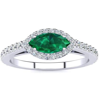 3/4 Carat Marquise Shape Emerald and Halo Diamond Ring In 14 Karat White Gold