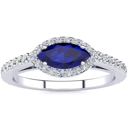 1 Carat Marquise Shape Sapphire and Halo Diamond Ring In 14 Karat White Gold