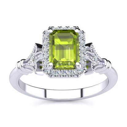 1 1/2 Carat Peridot and Halo Diamond Vintage Ring In 14 Karat White Gold