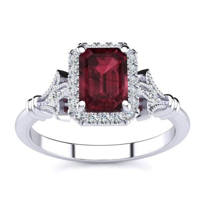 Garnet Ring: Garnet Jewelry: 1 1/2 Carat Garnet and Halo Diamond Vintage Ring In 14 Karat White Gold