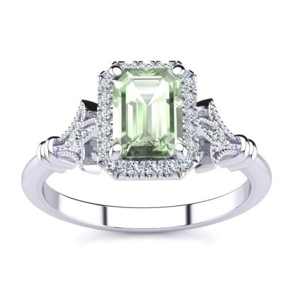 1 Carat Green Amethyst and Halo Diamond Vintage Ring In 14 Karat White Gold