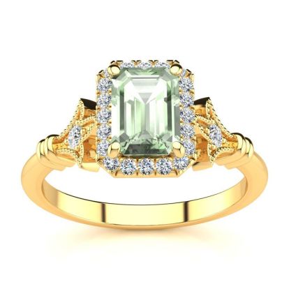 1 Carat Green Amethyst and Halo Diamond Vintage Ring In 14 Karat Yellow Gold