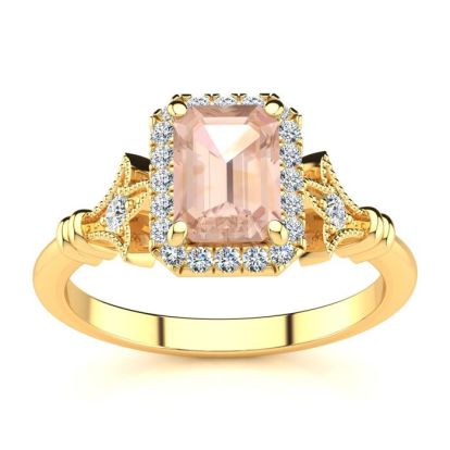 1 Carat Morganite and Halo Diamond Vintage Ring In 14 Karat Yellow Gold