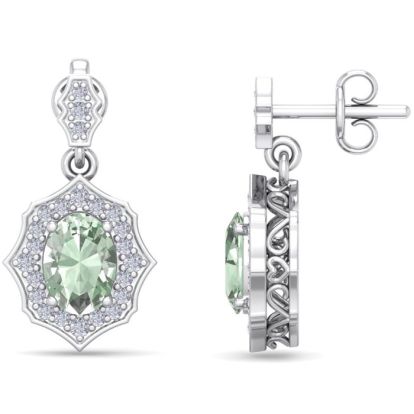 1 2/3 Carat Oval Shape Green Amethyst and Diamond Dangle Earrings In 14 Karat White Gold
