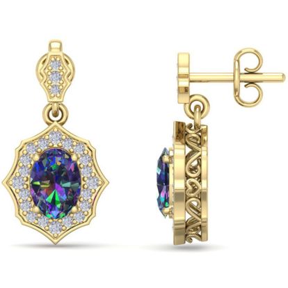 1 2/3 Carat Oval Shape Mystic Topaz and Diamond Dangle Earrings In 14 Karat Yellow Gold