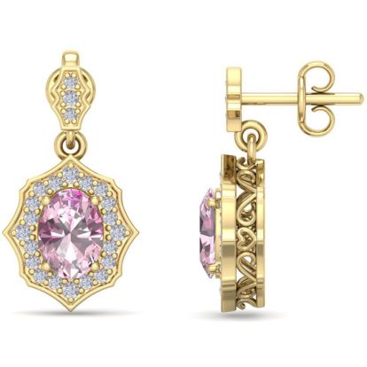 Pink Gemstones 2 1/4 Carat Oval Shape Pink Topaz and Diamond Dangle Earrings In 14 Karat Yellow Gold