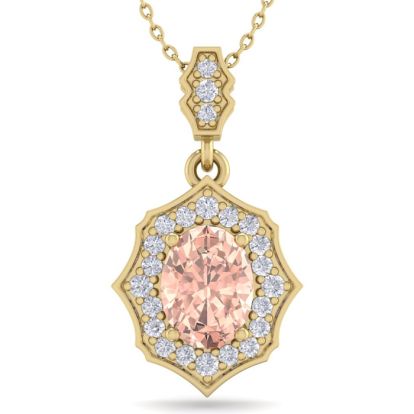 1-1/2 Carat Oval Shape Morganite Necklace With Fancy Diamond Halo In 14 Karat Yellow Gold With18 Inch Chain