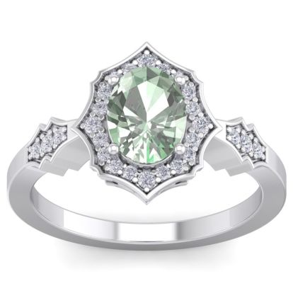 1 1/3 Carat Oval Shape Green Amethyst and Diamond Ring In 14 Karat White Gold