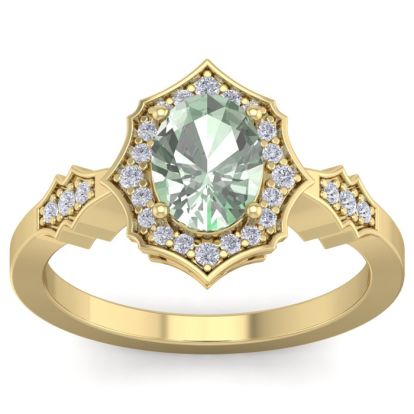 1 1/3 Carat Oval Shape Green Amethyst and Diamond Ring In 14 Karat Yellow Gold