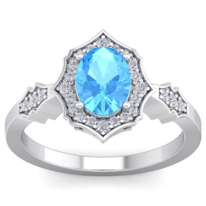 1 3/4 Carat Oval Shape Blue Topaz and Diamond Ring In 14 Karat White Gold