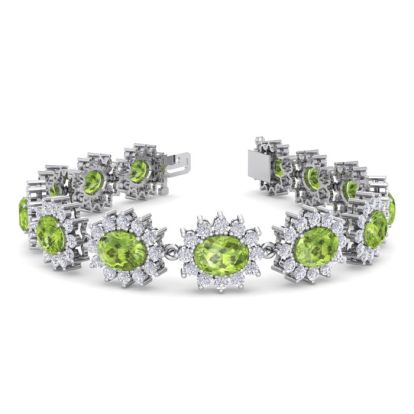22 Carat Oval Shape Peridot and Halo Diamond Bracelet In 14 Karat White Gold, 7 Inches
