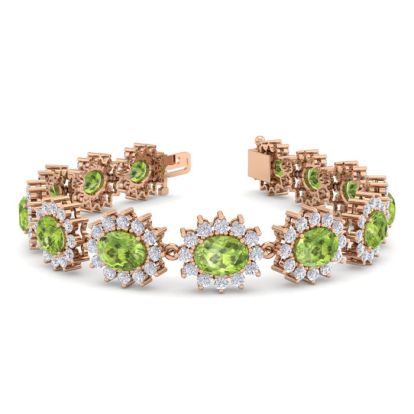 22 Carat Oval Shape Peridot and Halo Diamond Bracelet In 14 Karat Rose Gold, 7 Inches