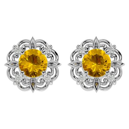 1 1/2 Carat Citrine and Diamond Antique Stud Earrings In 14 Karat White Gold