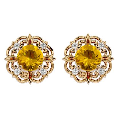 1 1/2 Carat Citrine and Diamond Antique Stud Earrings In 14 Karat Yellow Gold