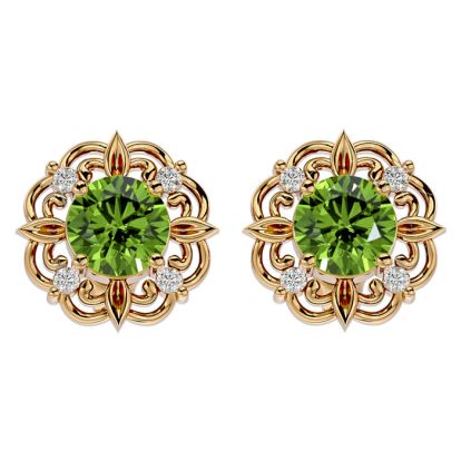 1 3/4 Carat Peridot and Diamond Antique Stud Earrings In 14 Karat Yellow Gold
