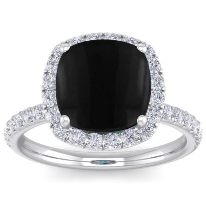 Black Onyx Ring: 5 1/2 Carat Cushion Cut Black Onyx and Halo Diamond Ring In Sterling Silver
