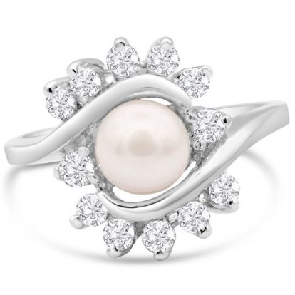 Round Freshwater Cultured Pearl and 1/2 Carat Halo Diamond Ring In 14 Karat White Gold