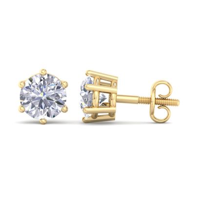 1 Carat Lab Grown Diamond Earrings In 14 Karat Yellow Gold, 6-Prong Setting