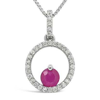 1/2 Carat Round Shape Ruby and Halo Diamond Necklace In Sterling Silver With 18 Inch Chain