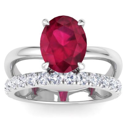 3.60 Carat Oval Shape Ruby and Halo Diamond Ring Plus Band In 14 Karat White Gold