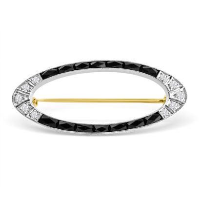 Estate Jewelry 14K White and Yellow Gold White Sapphire and Black Onyx Pin, 1-1/2 Inches