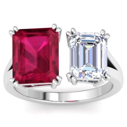 6 Carat Ruby and Lab Grown Diamond Two Stone Engagement Ring In 14 Karat White Gold, Emerald
