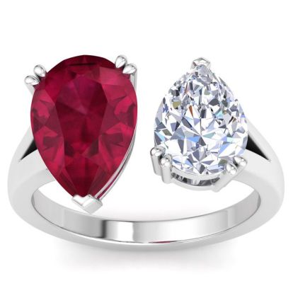 4 3/4 Carat Ruby and Lab Grown Diamond Two Stone Engagement Ring In 14 Karat White Gold, Pear