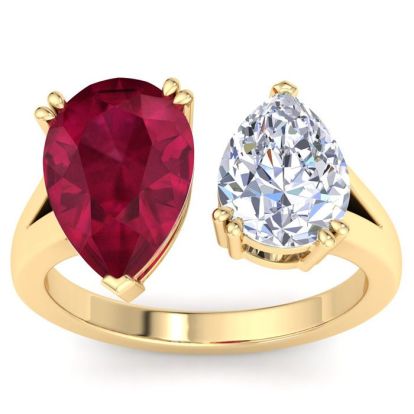 4 3/4 Carat Ruby and Lab Grown Diamond Two Stone Engagement Ring In 14 Karat Yellow Gold, Pear