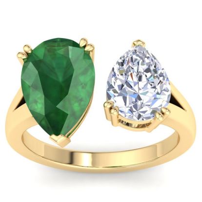 4 3/4 Carat Emerald and Lab Grown Diamond Two Stone Engagement Ring In 14 Karat Yellow Gold, Pear
