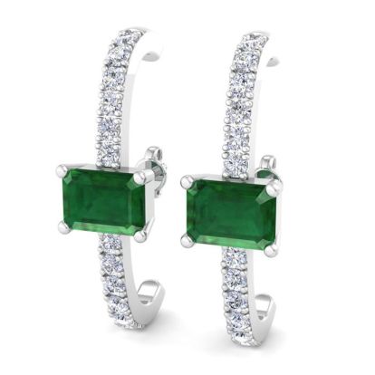 2 1/2 Carat Emerald and Lab Grown Diamond Hoop Earrings In 14 Karat White Gold