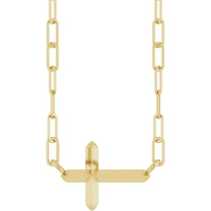 14 Karat Yellow Gold Sideways Cross With Paperclip Chain Necklace, 11x7mm