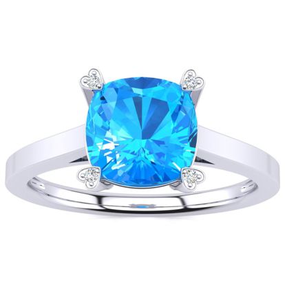 2ct Cushion Cut Blue Topaz and Diamond Ring in 10K White Gold
