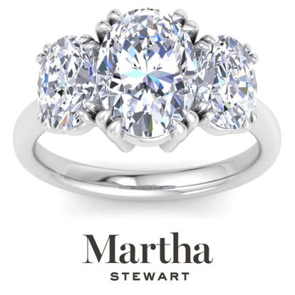 Martha Stewart 5 Carat Oval Shape Lab Grown Diamond Three Stone Engagement Ring In 14K White Gold