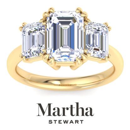 Martha Stewart 5 Carat Emerald Cut Lab Grown Diamond Three Stone Engagement Ring In 14K Yellow Gold