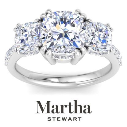 Martha Stewart 5 1/2 Carat Cushion Cut Lab Grown Diamond Three Stone Plus Engagement Ring In 14K White Gold