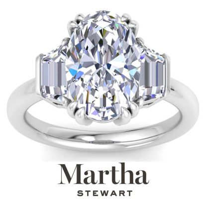 Martha Stewart 5 Carat Oval Shape and Trapezoid Lab Grown Diamond Three Stone Engagement Ring In 14K White Gold