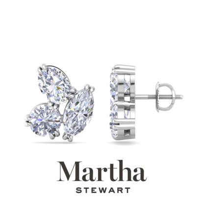 Martha Stewart 3 Carat Lab Grown Diamond Cluster Stud Earrings In 14 Karat White Gold, Marquise-Round-Oval